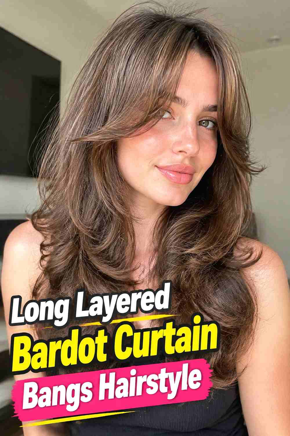2. Long Layered Bardot Curtain Bangs Hairstyle