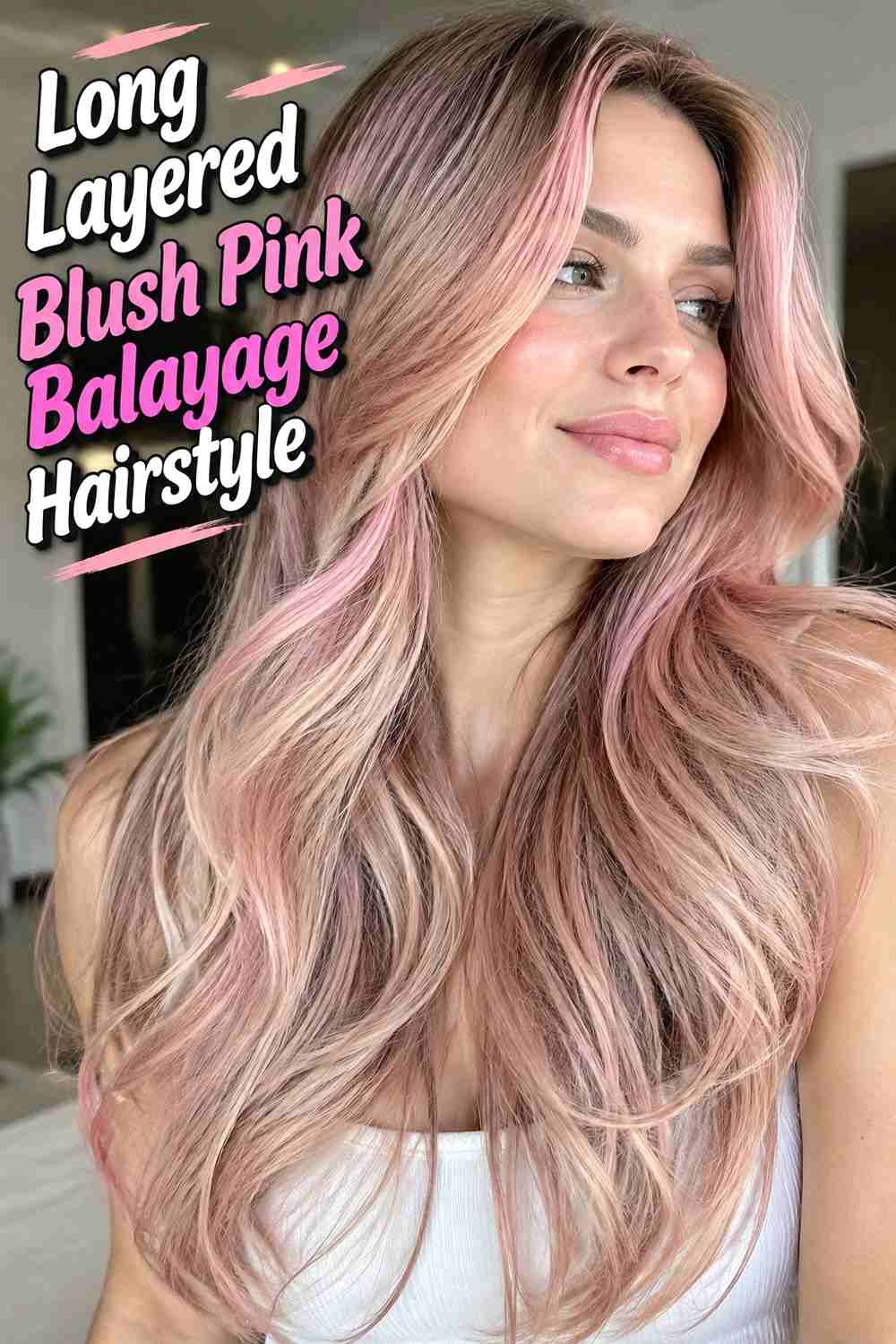 6. Long Layered Blush Pink Balayage Hairstyle