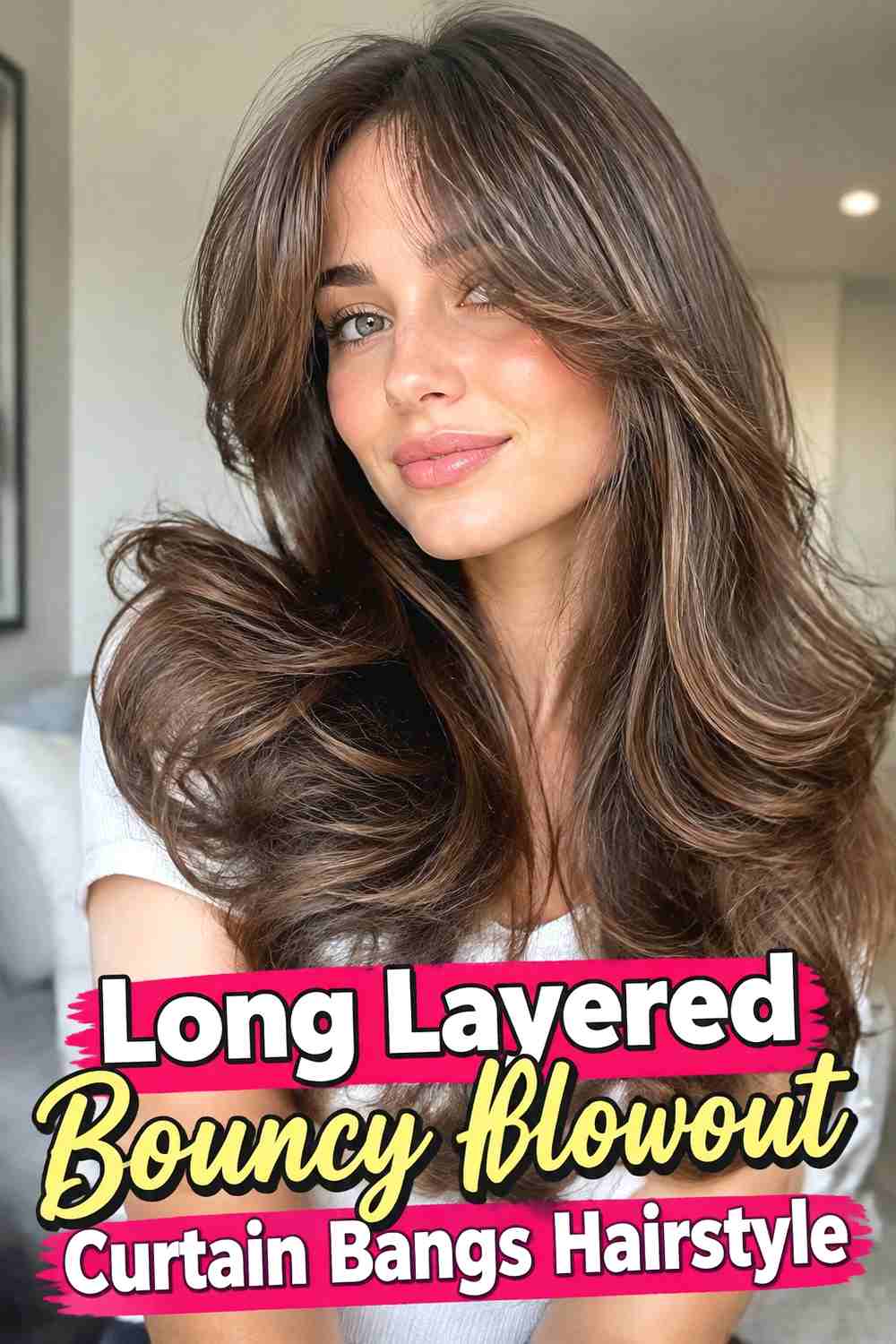 3. Long Layered Bouncy Blowout Curtain Bangs Hairstyle