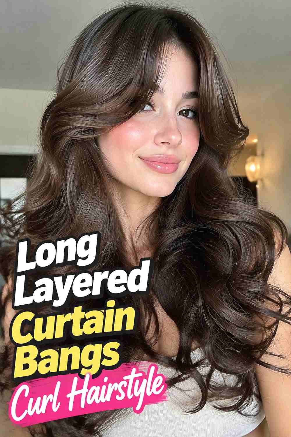 8. Long Layered Curtain Bangs Curl Hairstyle