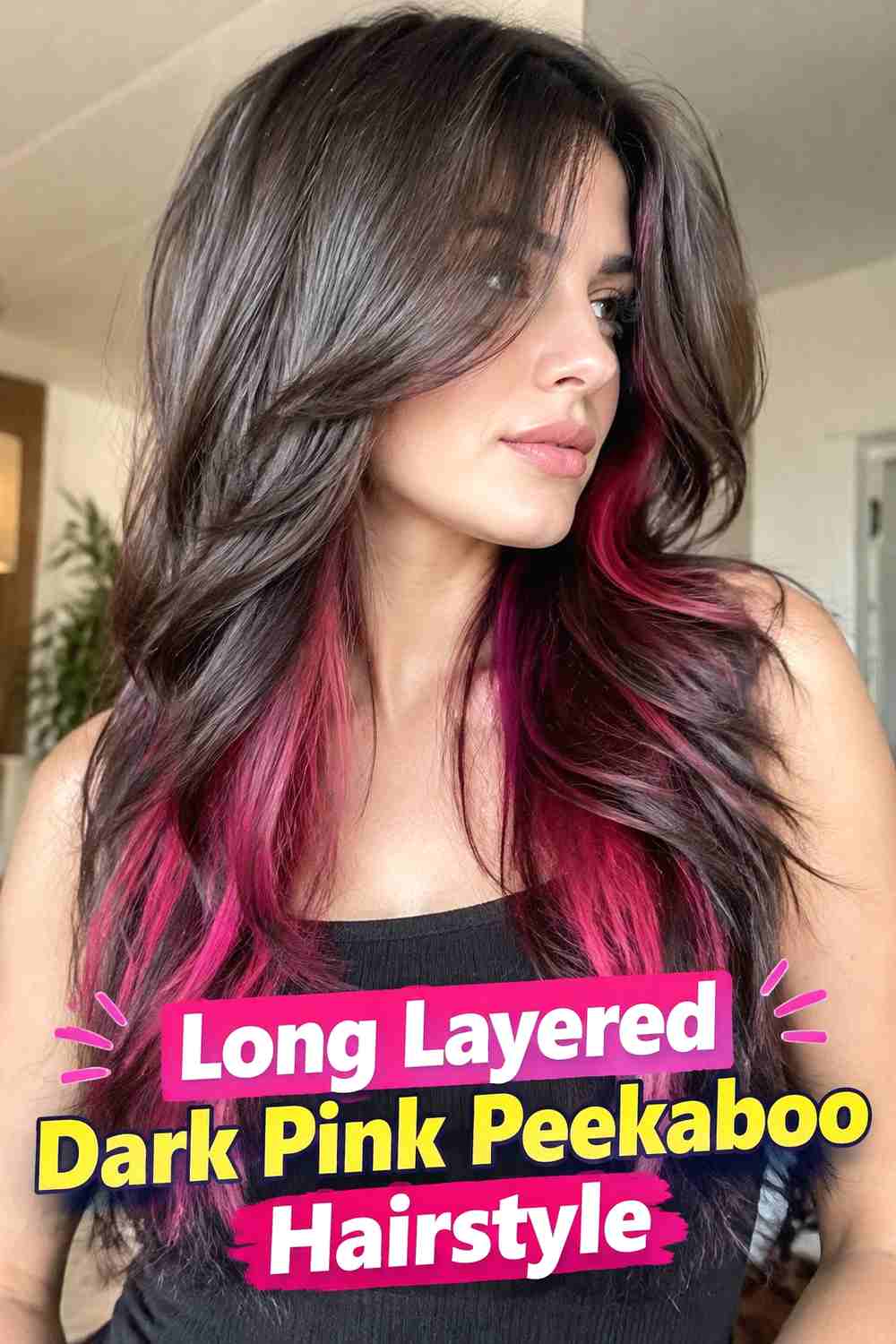 6. Long Layered Dark Pink Peekaboo Hairstyle