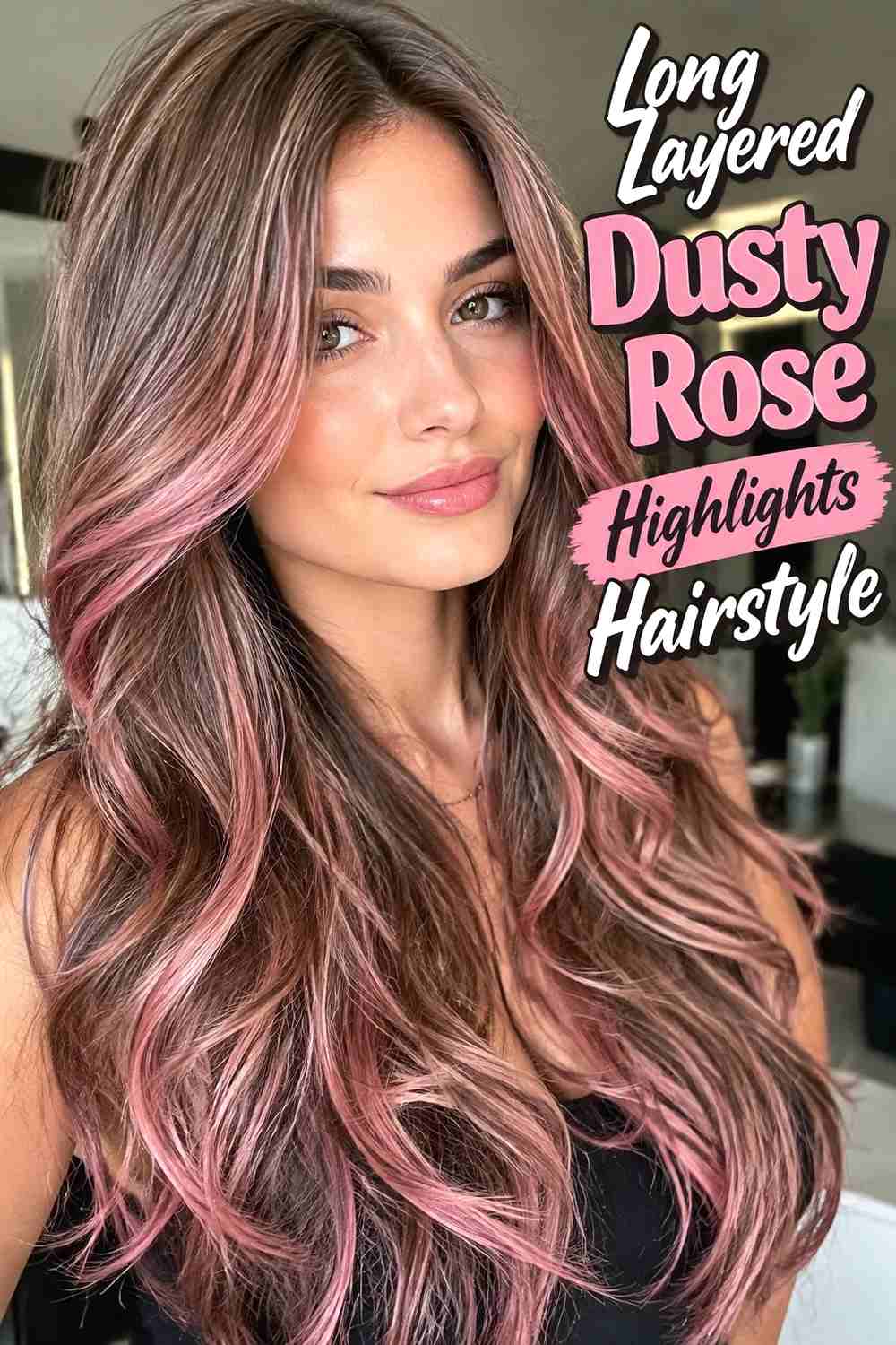 8. Long Layered Dusty Rose Highlights Hairstyle