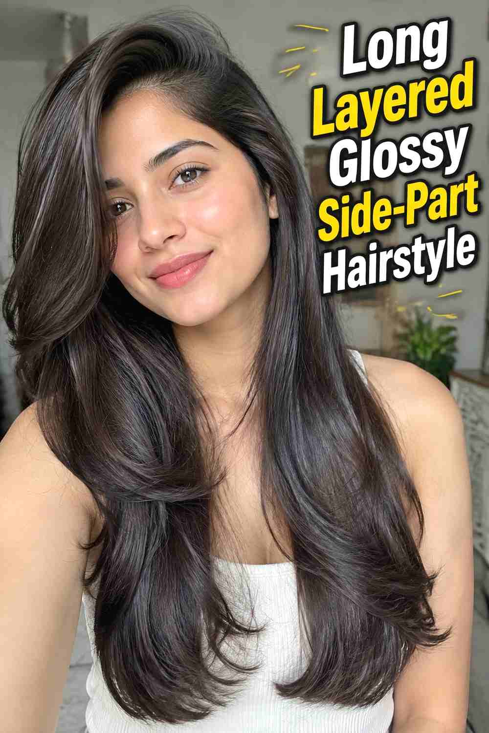 4. Long Layered Glossy Side Part Hairstyle