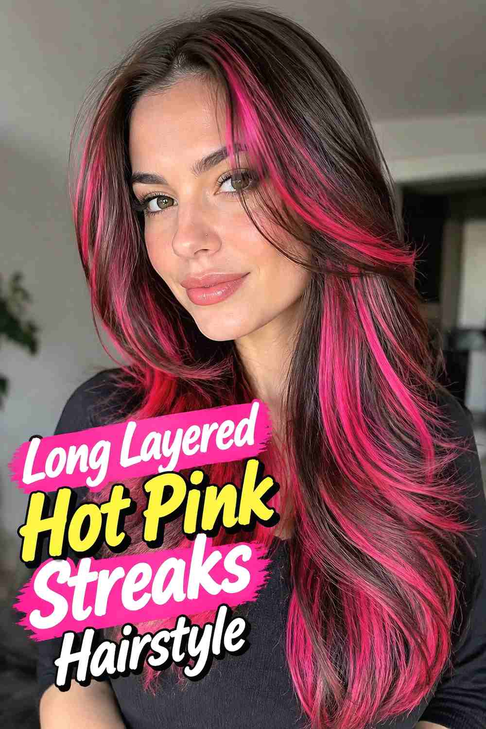 7. Long Layered Hot Pink Streaks Hairstyle