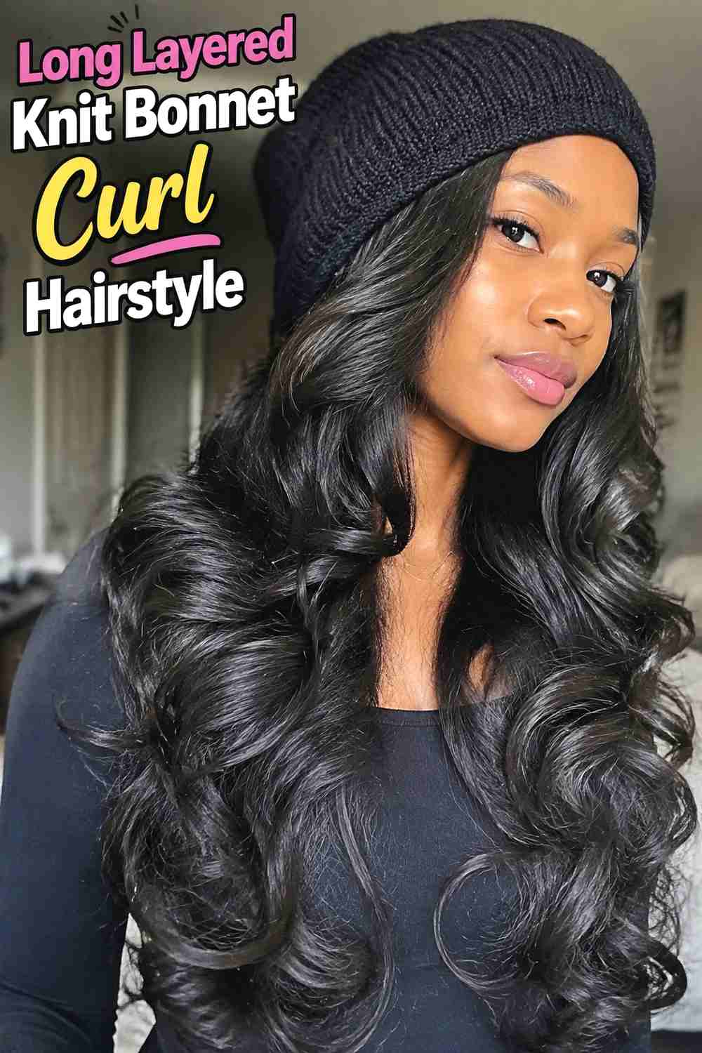6. Long Layered Knit Bonnet Curl Hairstyle
