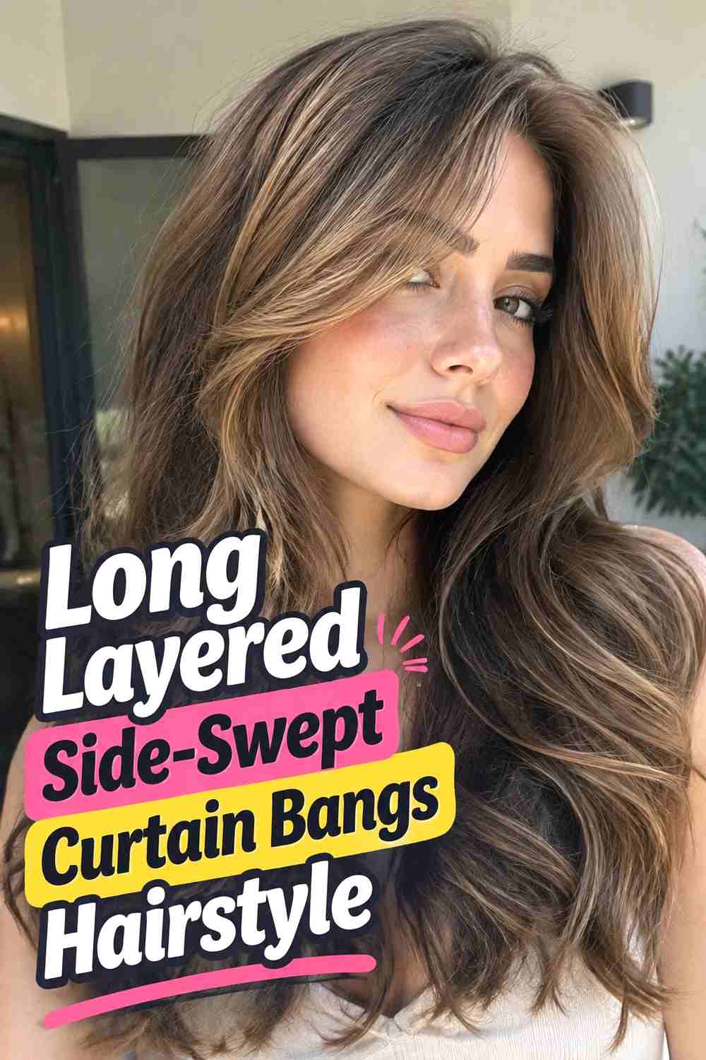 1. Long Layered Side Swept Curtain Bangs Hairstyle