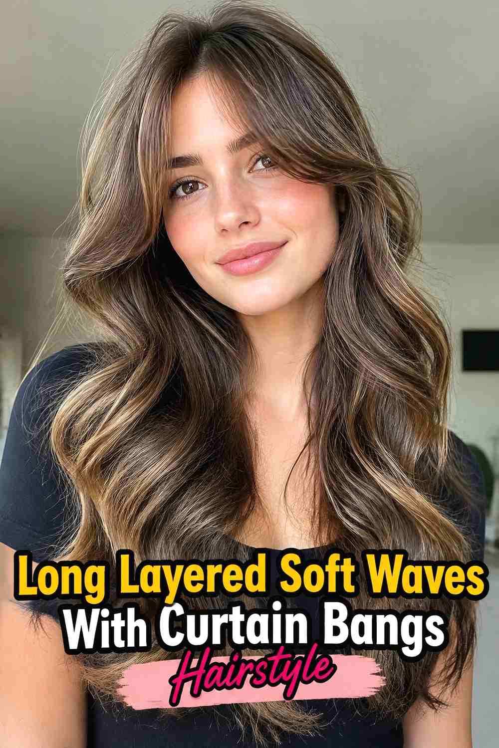 2. Long Layered Soft Waves With Curtain Bangs Hairstyle