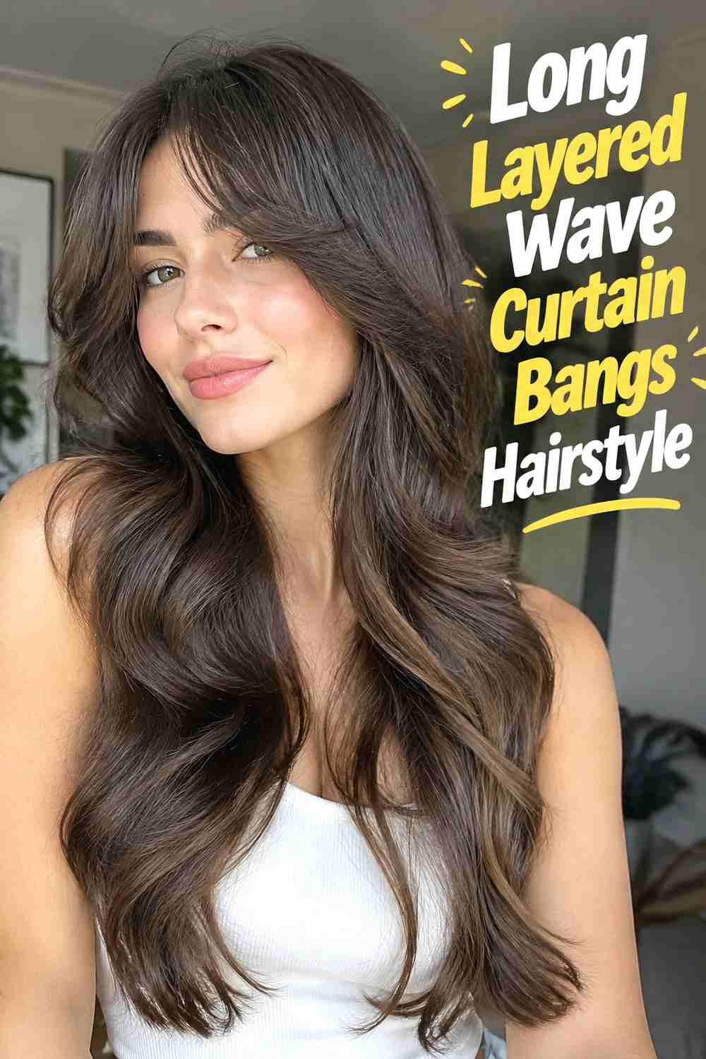 4. Long Layered Wave Curtain Bangs Hairstyle