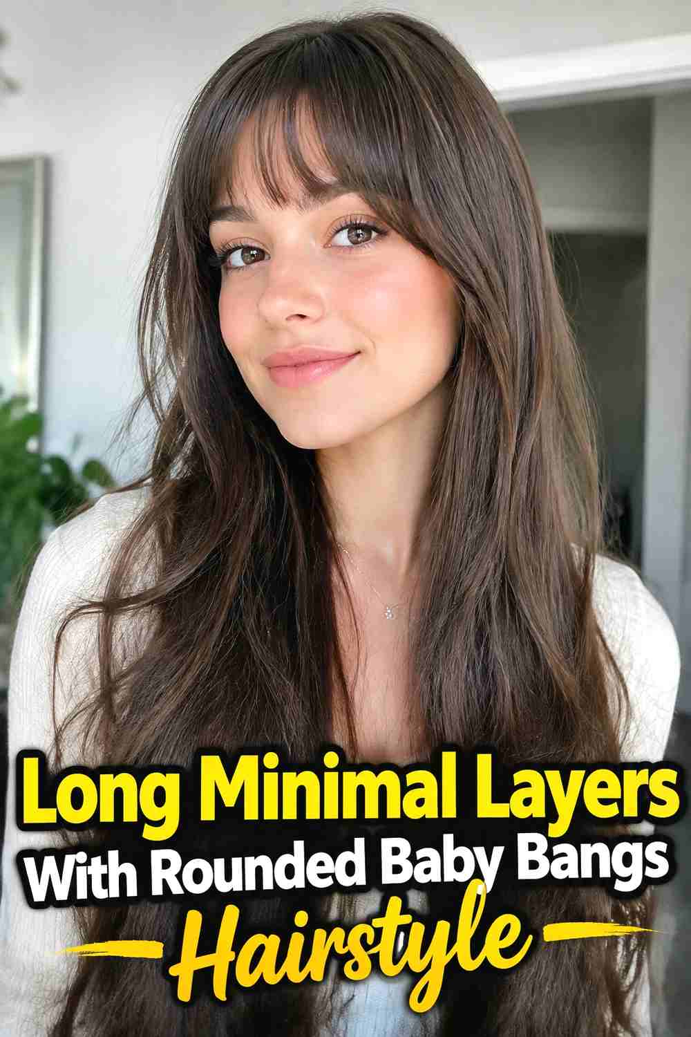 17. Long Minimal Layers With Rounded Baby Bangs Hairstyle