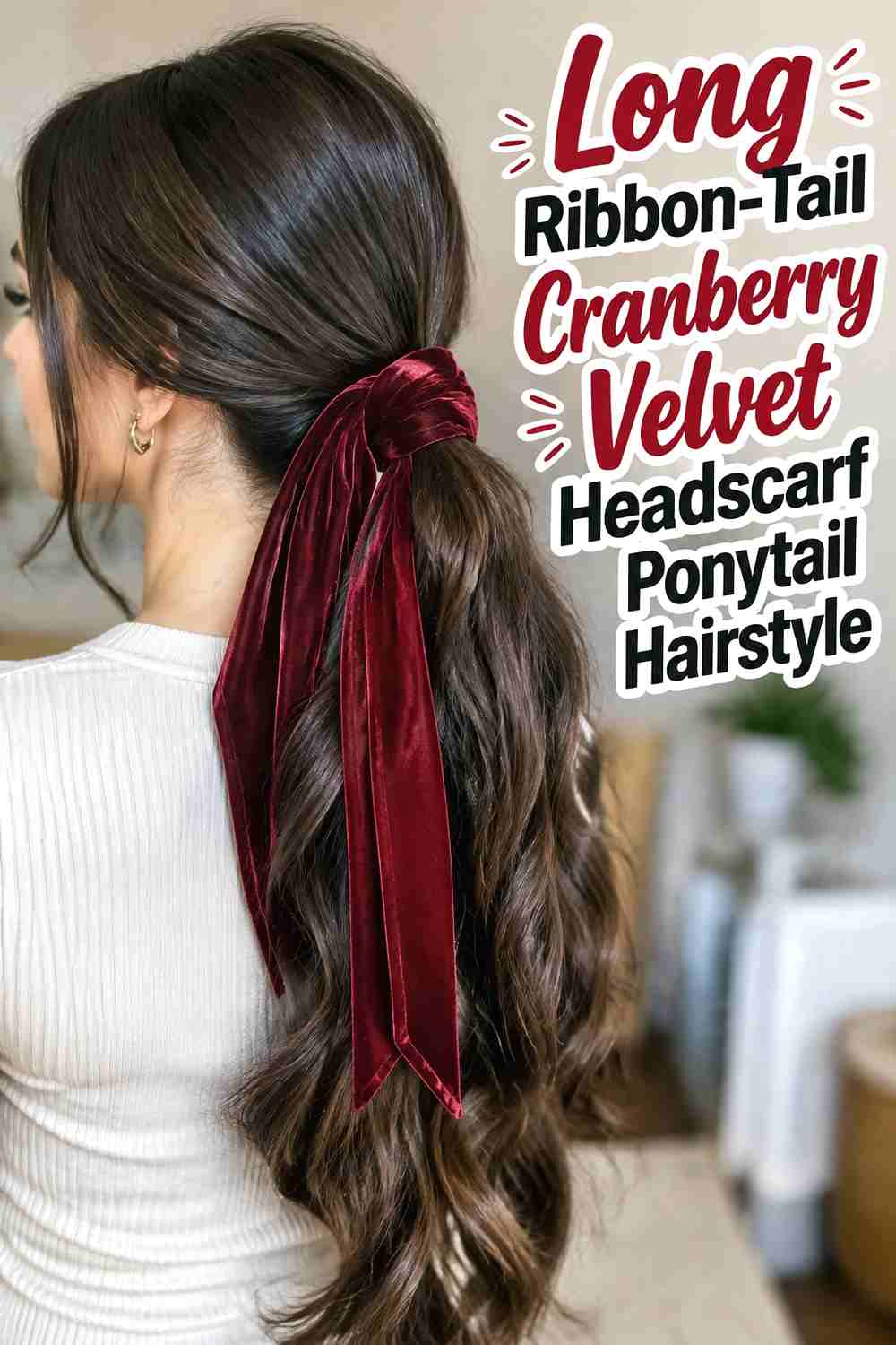 15. Long Ribbon Tail Cranberry Velvet Headscarf Ponytail Hairstyle