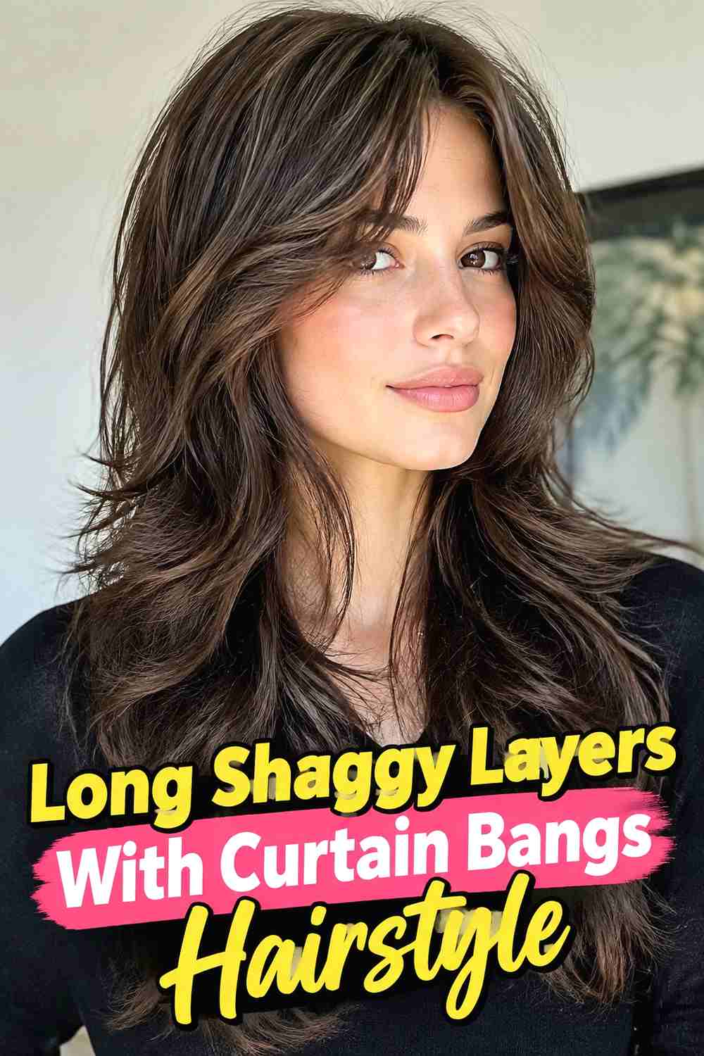 2. Long Shaggy Layers With Curtain Bangs Hairstyle