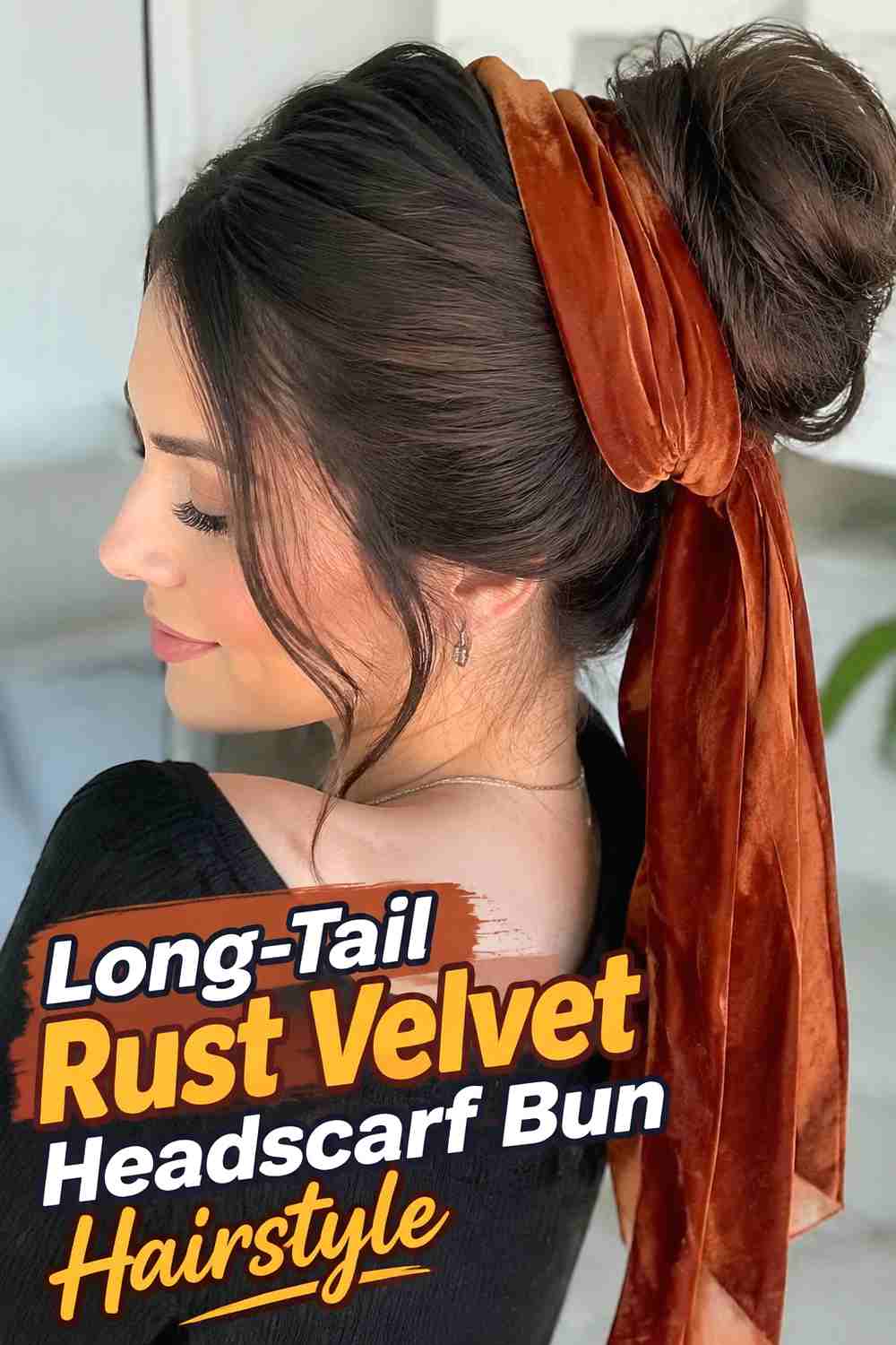13. Long Tail Rust Velvet Headscarf Bun Hairstyle