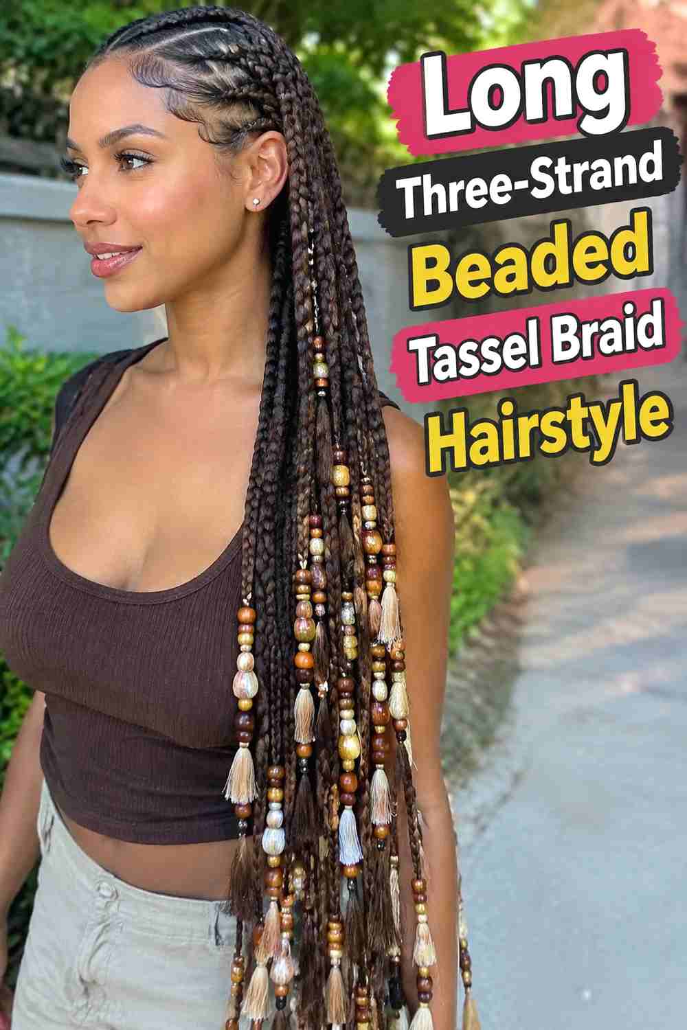2. Long Three Strand Beaded Tassel Braid Hairstyle
