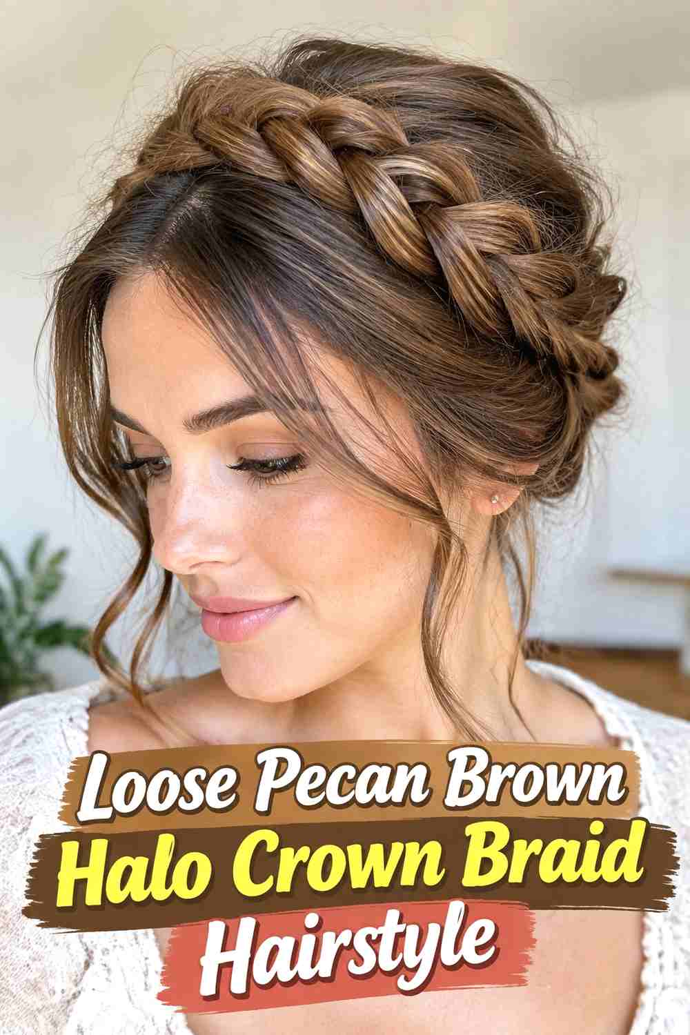 2. Loose Pecan Brown Halo Crown Braid Hairstyle