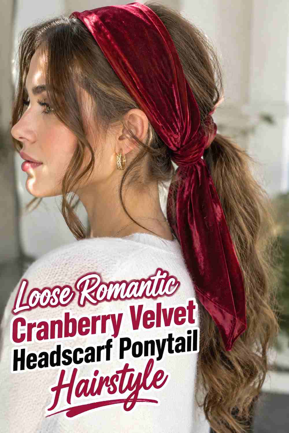 10. Loose Romantic Cranberry Velvet Headscarf Ponytail Hairstyle