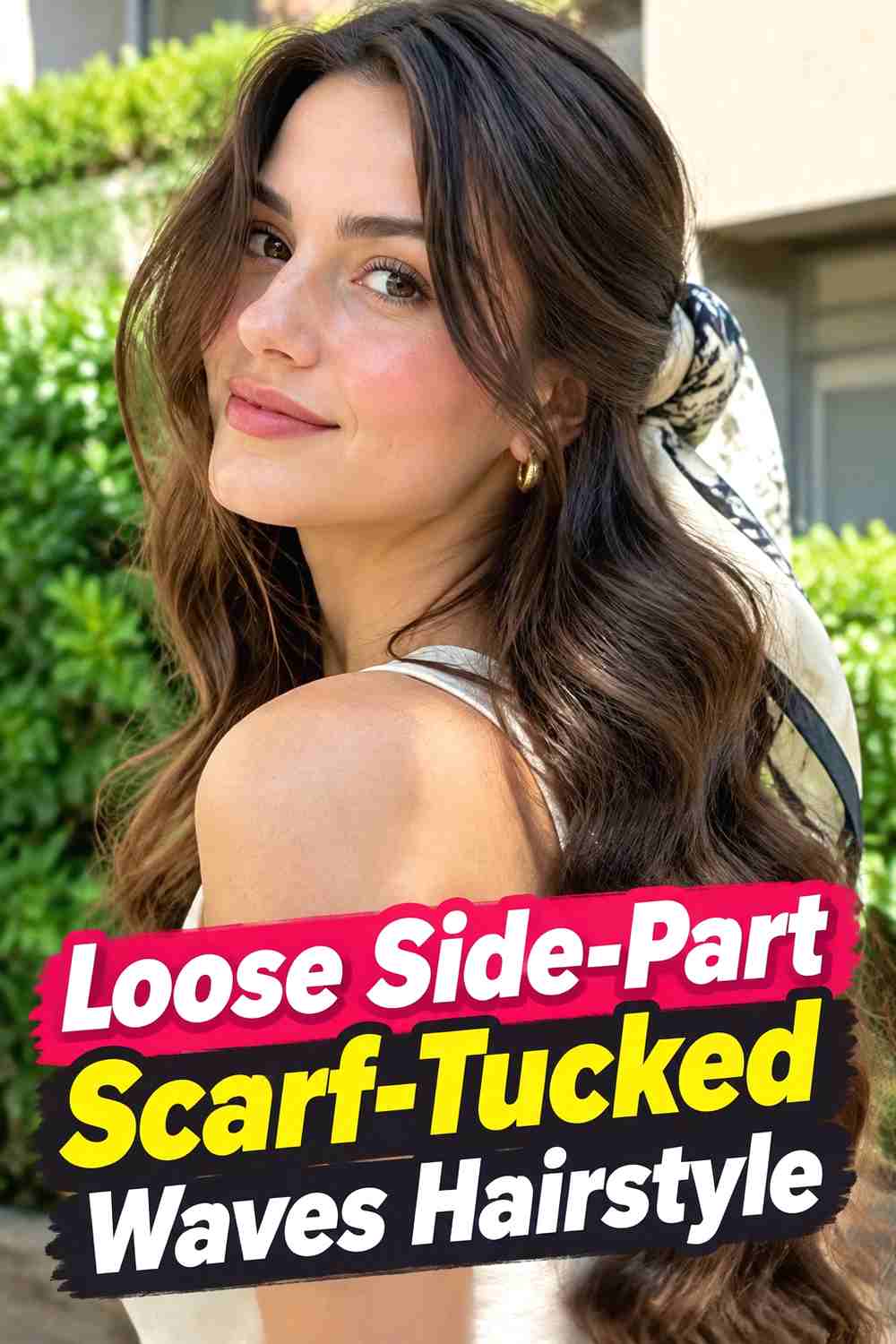 2. Loose Side Part Scarf Tucked Waves Hairstyle