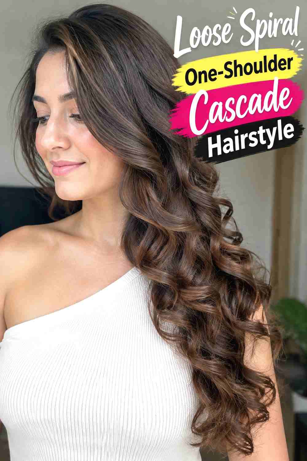 3. Loose Spiral One Shoulder Cascade Hairstyle