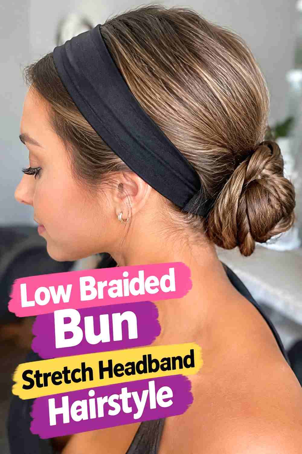 13. Low Braided Bun Stretch Headband Hairstyle