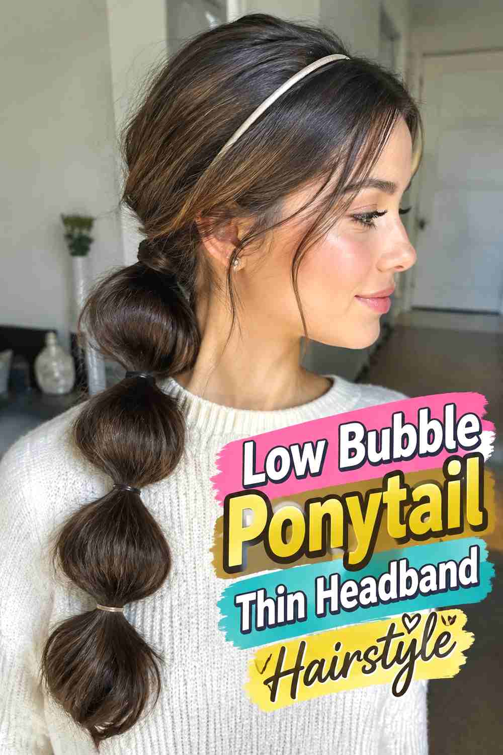 11. Low Bubble Ponytail Thin Headband Hairstyle