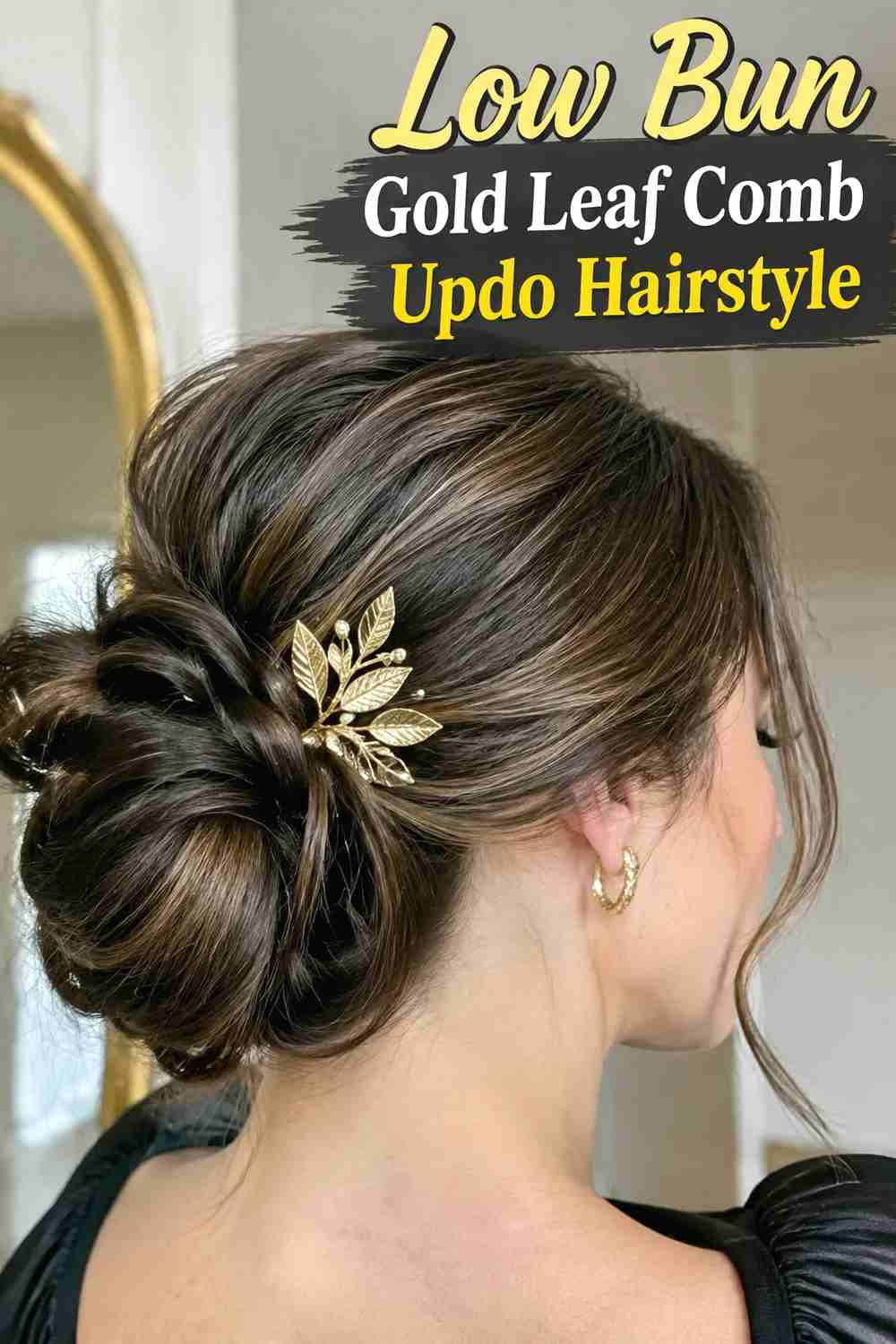 10. Low Bun Gold Leaf Comb Updo Hairstyle