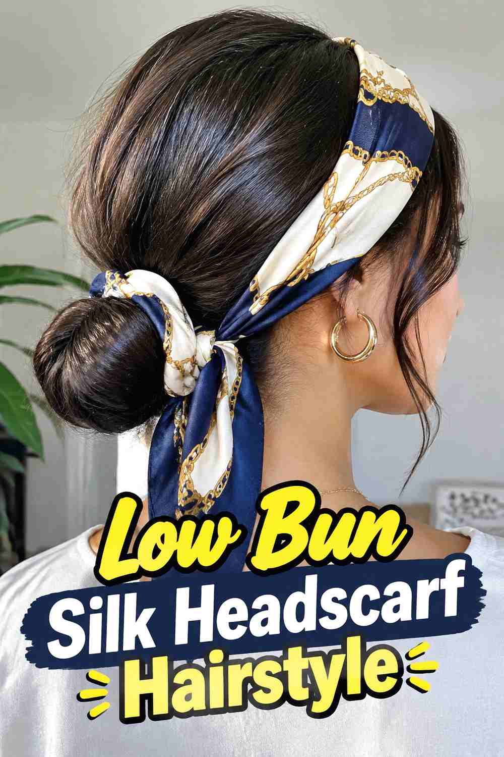 1. Low Bun Silk Headscarf Hairstyle