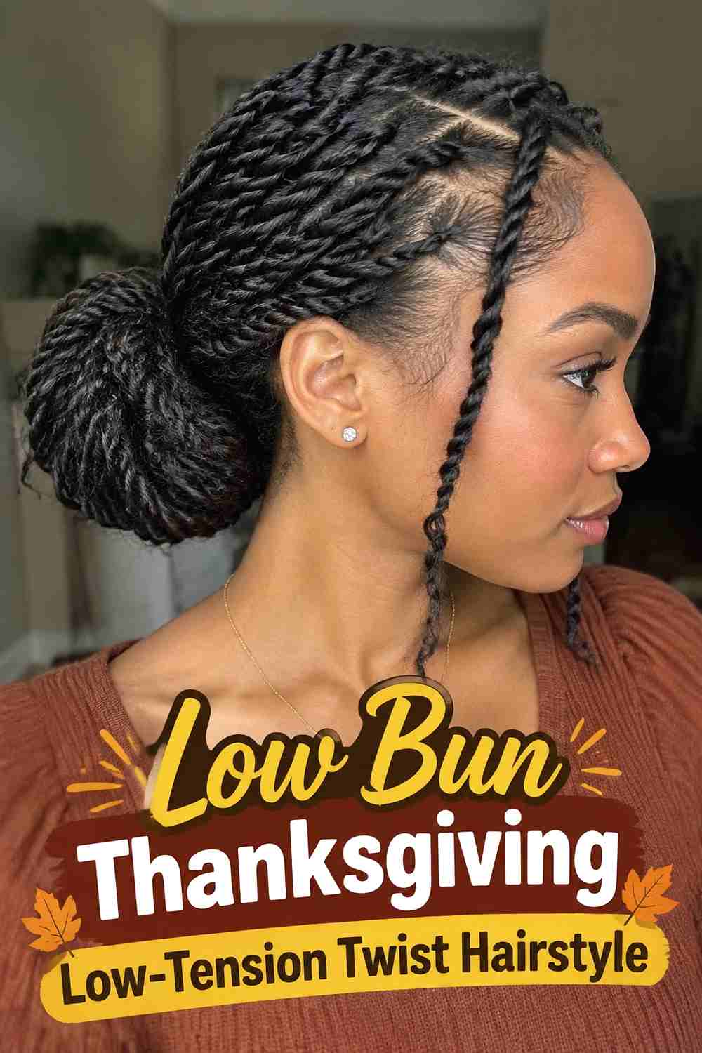 5. Low Bun Thanksgiving Low Tension Twist Hairstyle