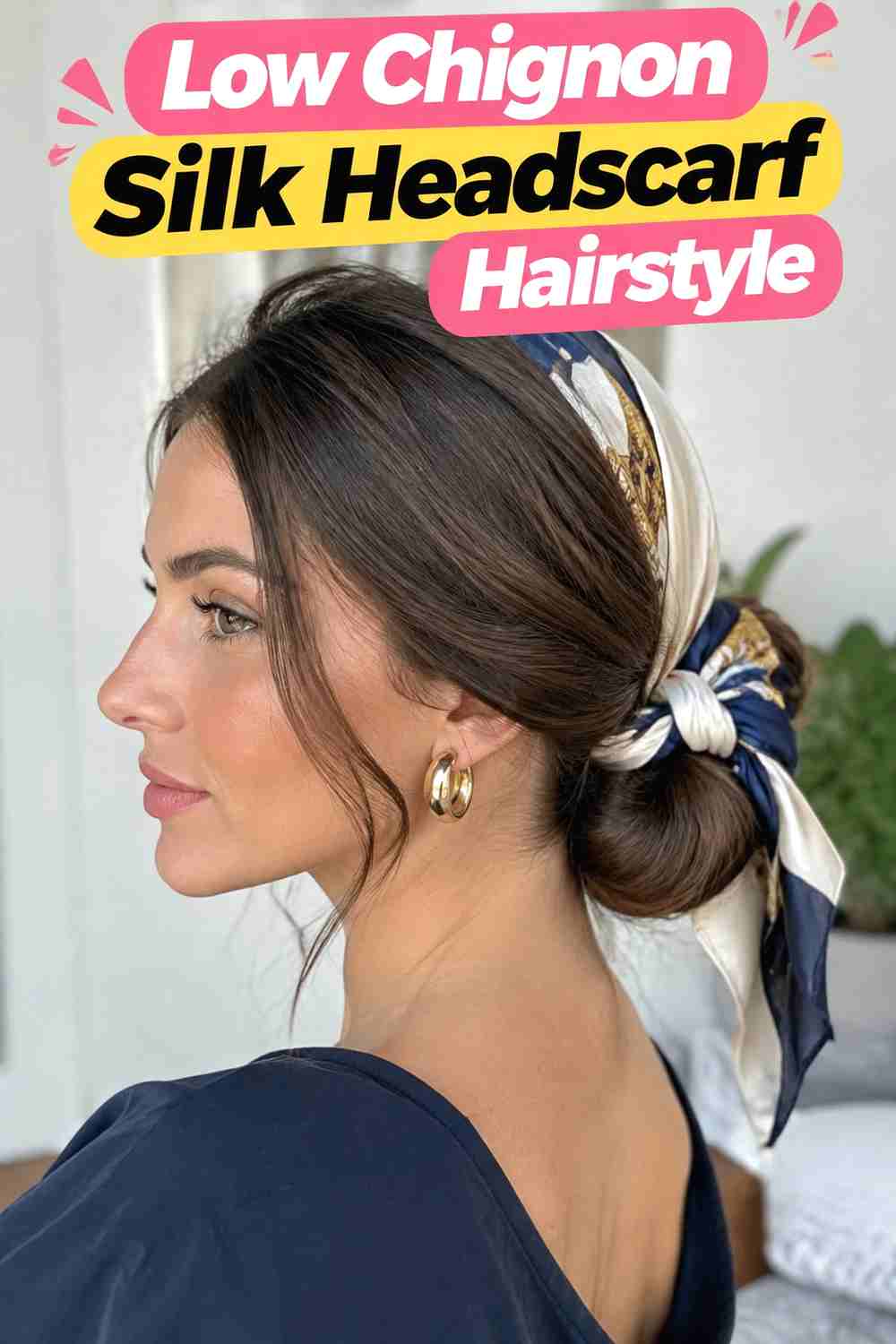 13. Low Chignon Silk Headscarf Hairstyle