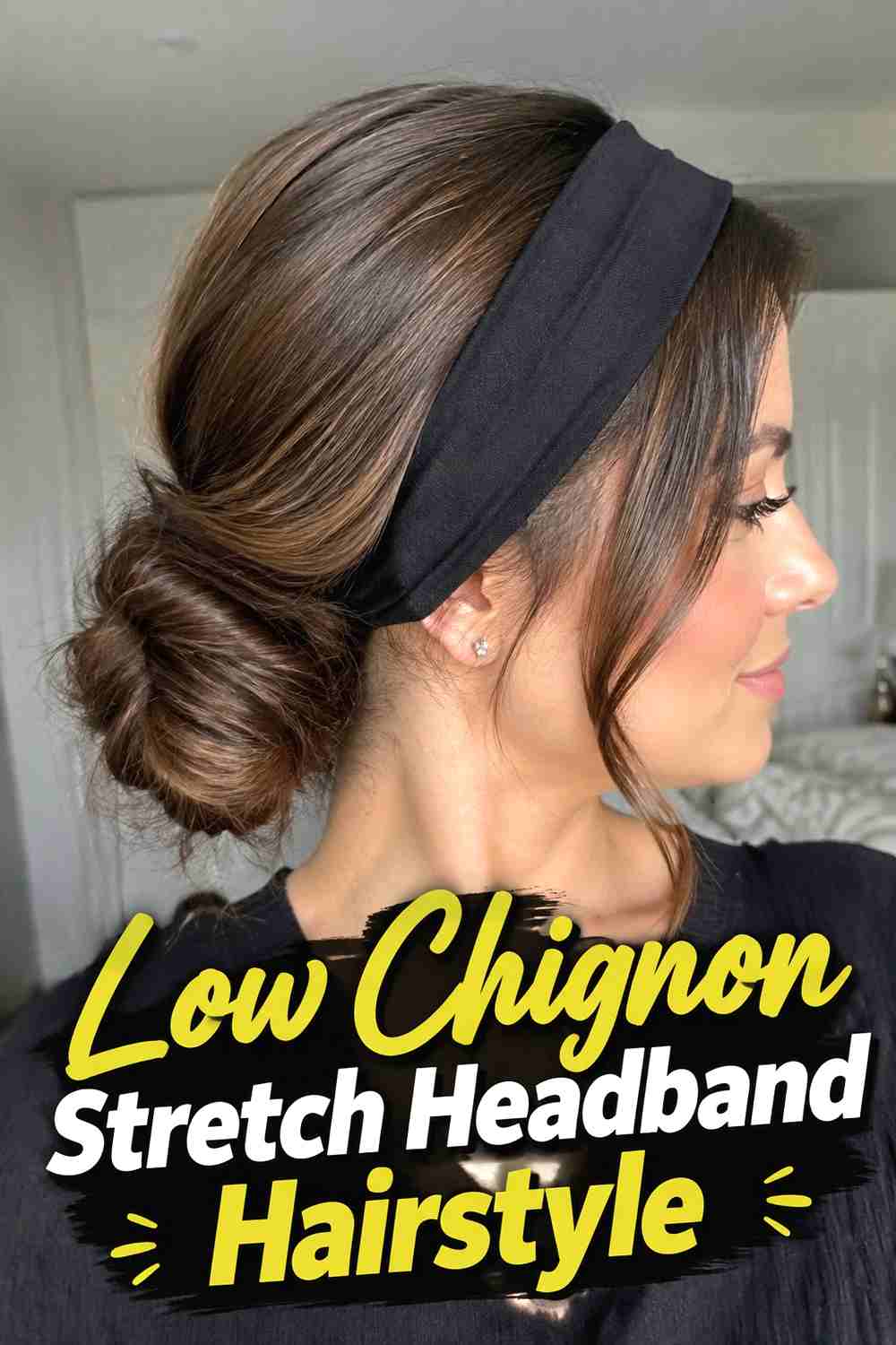 14. Low Chignon Stretch Headband Hairstyle