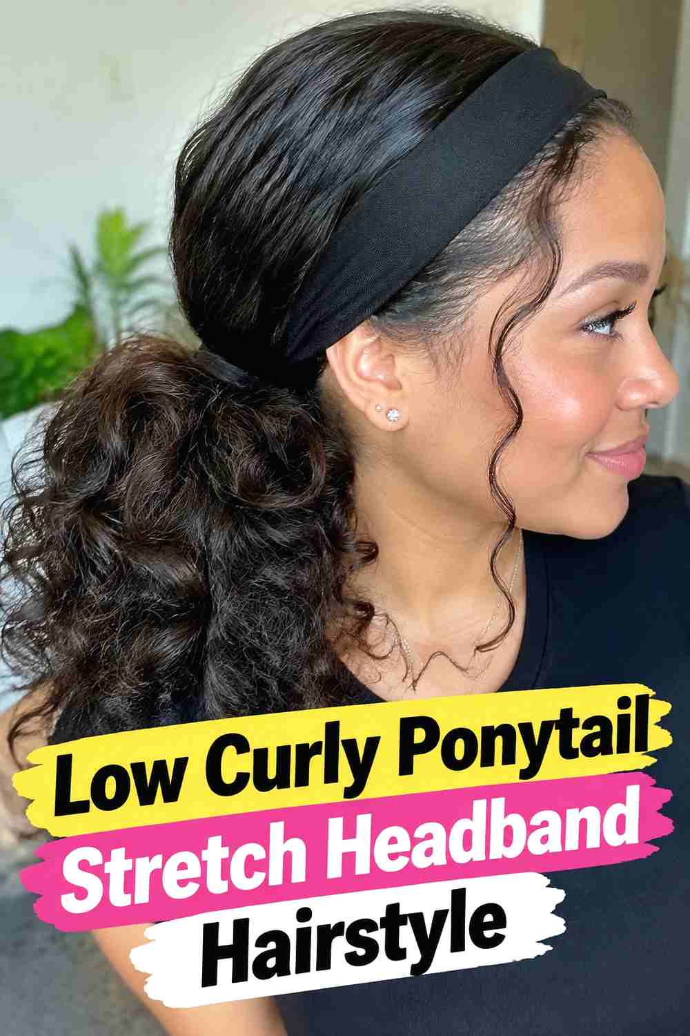 4. Low Curly Ponytail Stretch Headband Hairstyle