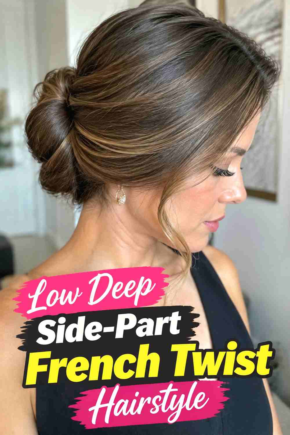 4. Low Deep Side Part French Twist Hairstyle