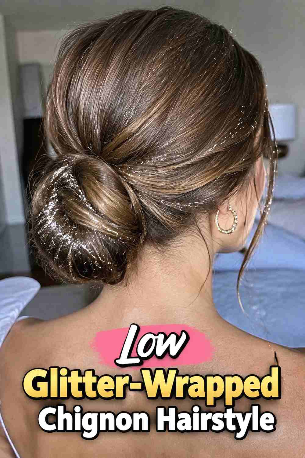 1. Low Glitter Wrapped Chignon Hairstyle