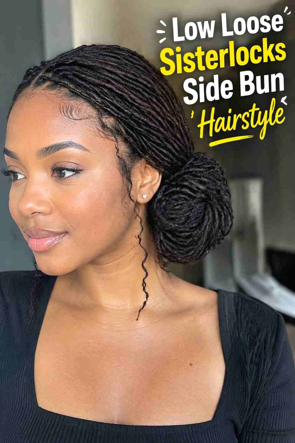 14. Low Loose Sisterlocks Side Bun Hairstyle