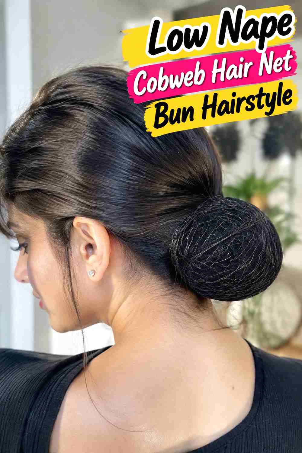 2. Low Nape Cobweb Hair Net Bun Hairstyle