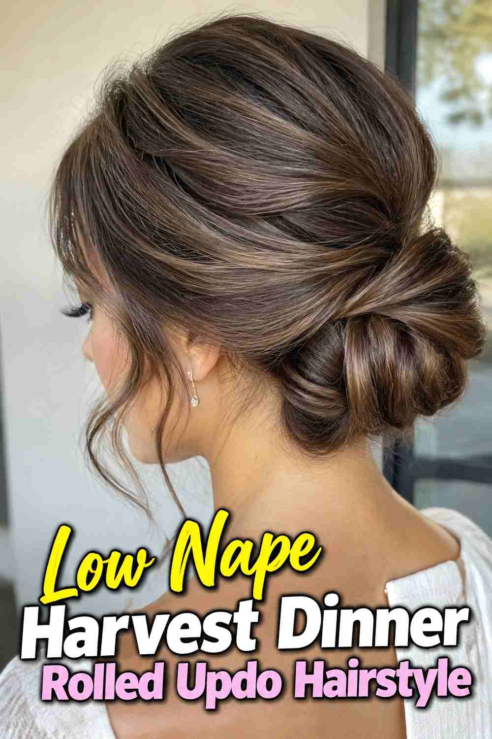 2. Low Nape Harvest Dinner Rolled Updo Hairstyle