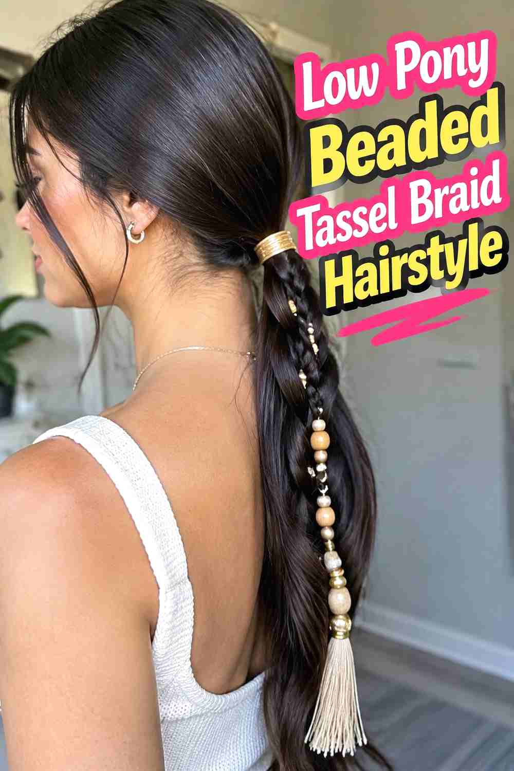 10. Low Pony Beaded Tassel Braid Hairstyle