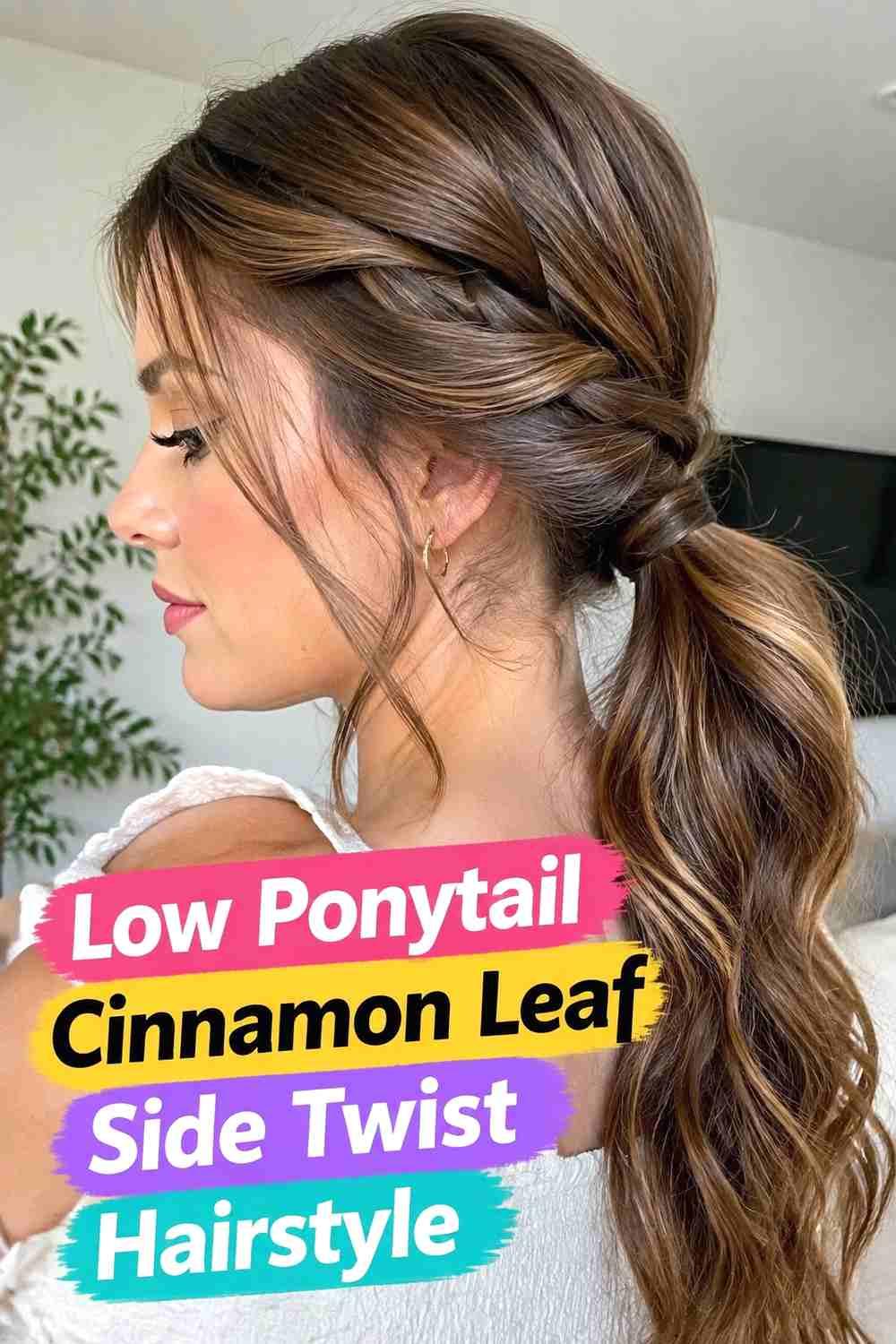 14. Low Ponytail Cinnamon Leaf Side Twist Hairstyle