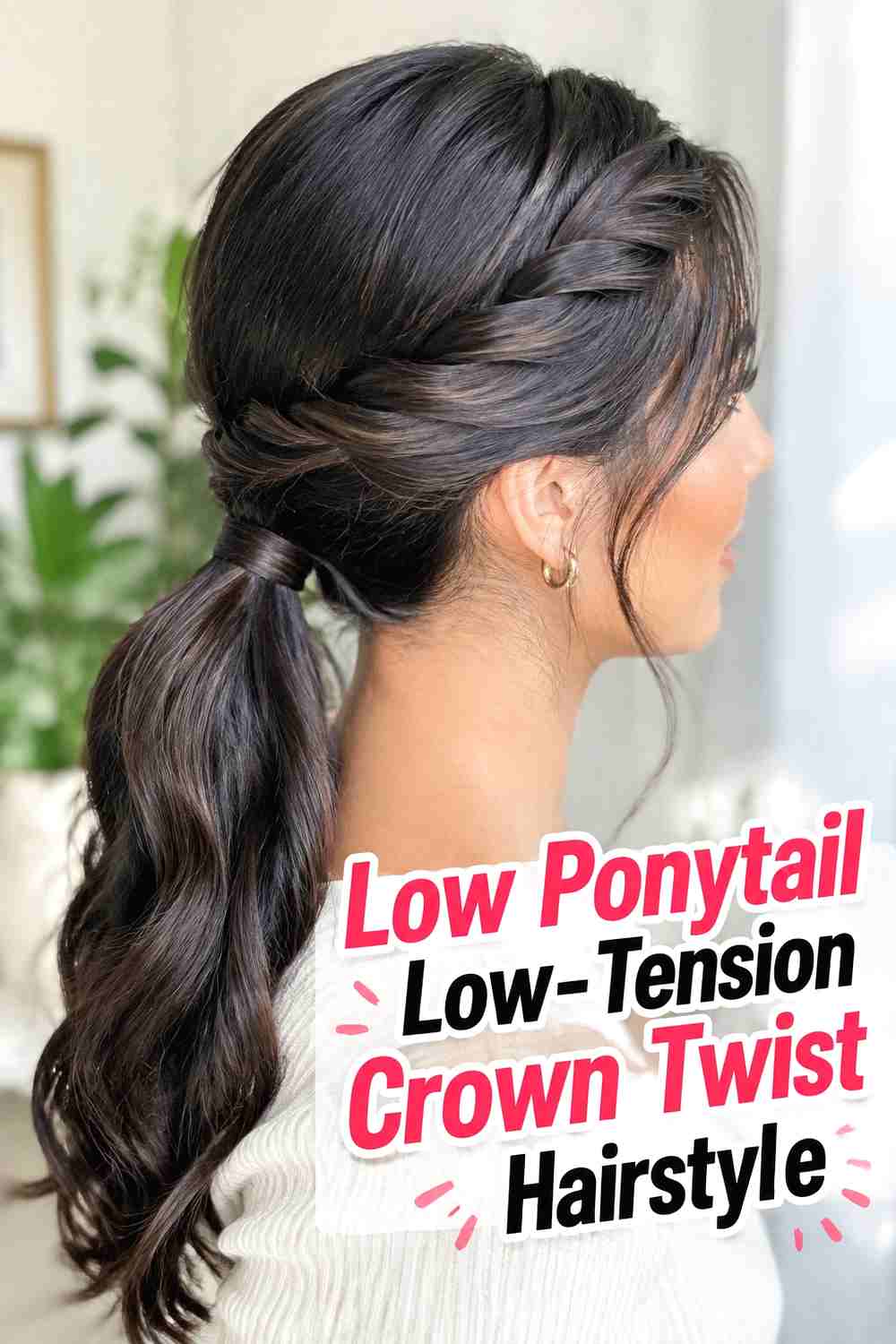 7. Low Ponytail Low Tension Crown Twist Hairstyle
