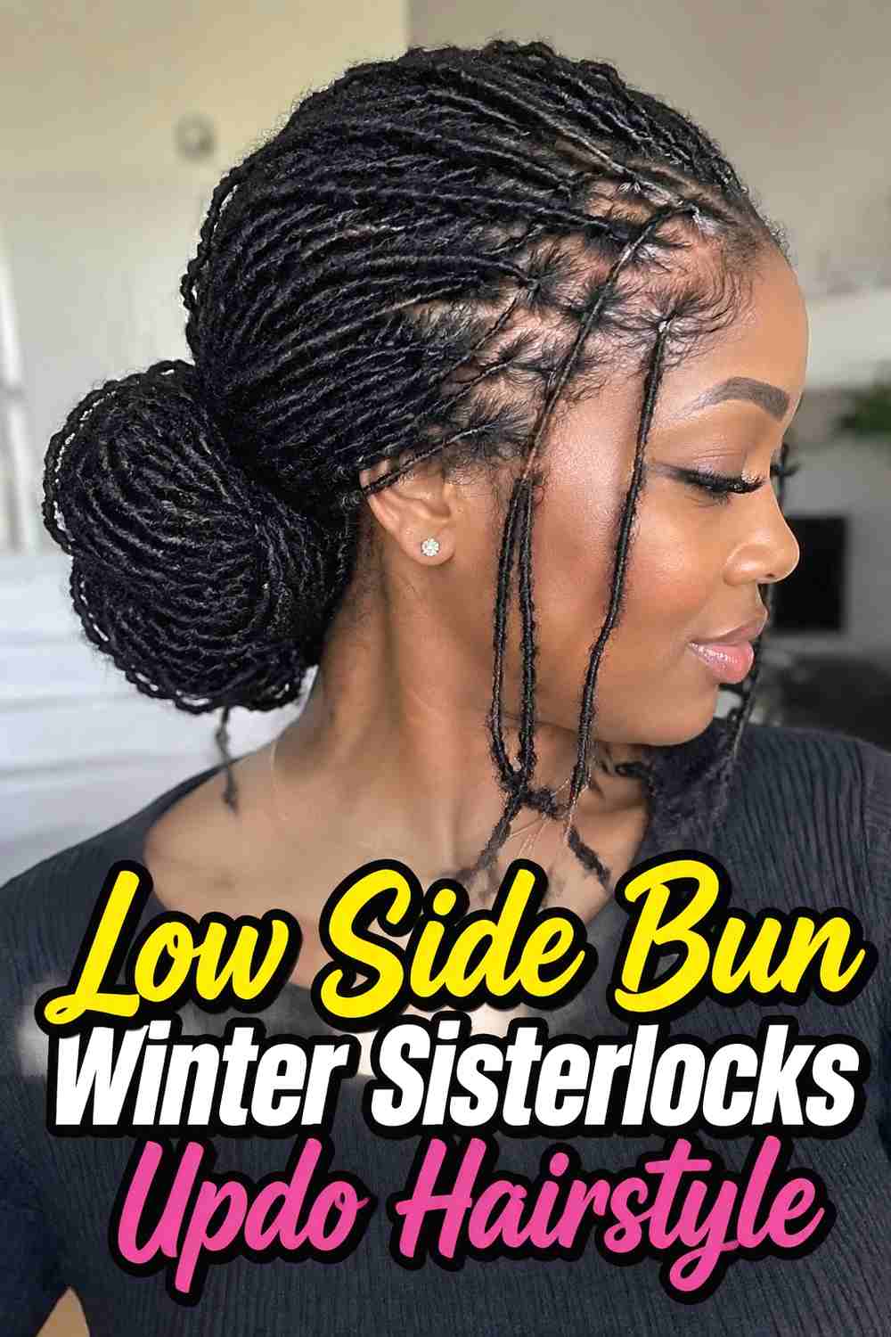7. Low Side Bun Winter Sisterlocks Updo Hairstyle
