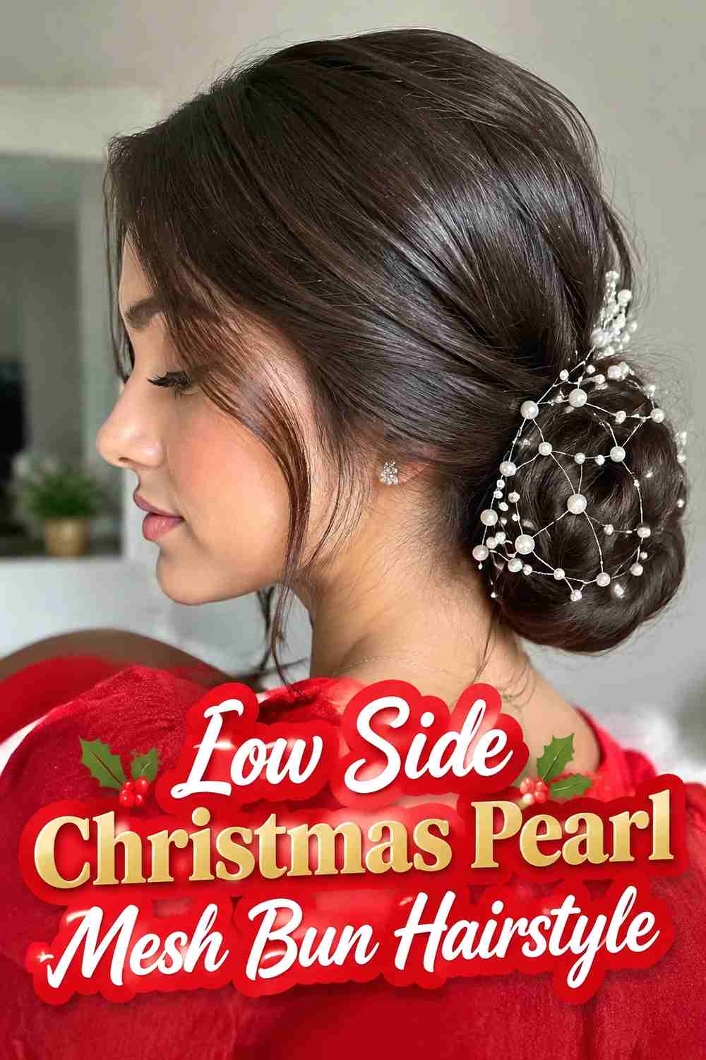 8. Low Side Christmas Pearl Mesh Bun Hairstyle