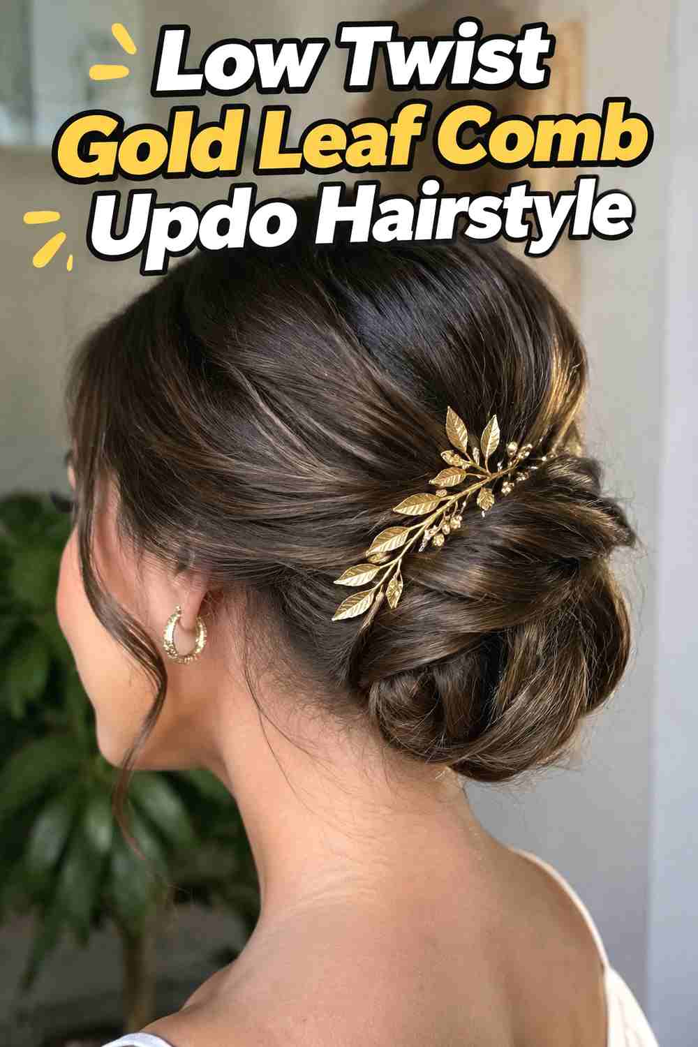2. Low Twist Gold Leaf Comb Updo Hairstyle