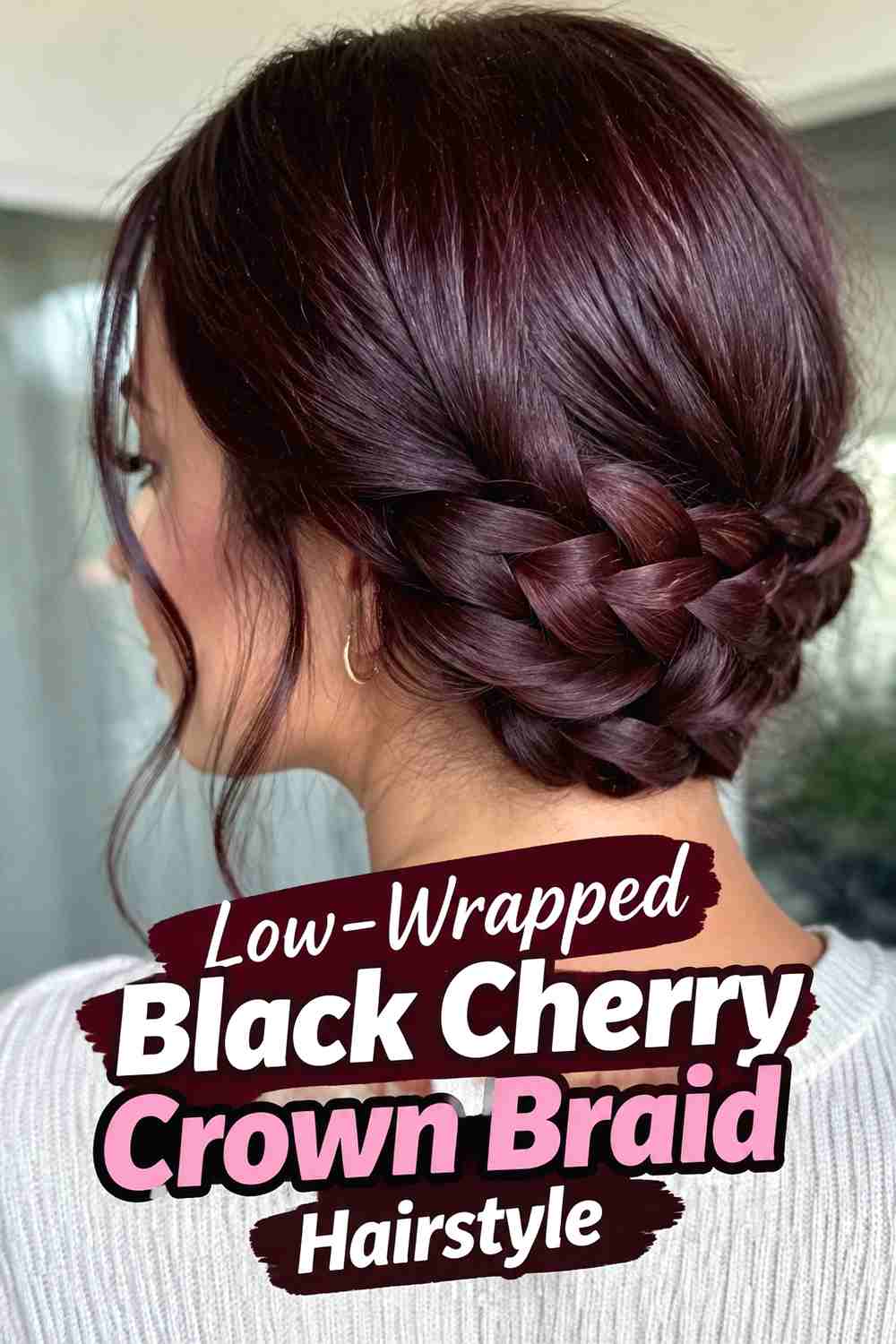 12. Low Wrapped Black Cherry Crown Braid Hairstyle