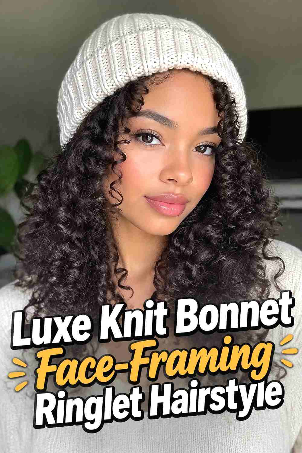 20. Luxe Knit Bonnet Face Framing Ringlet Hairstyle