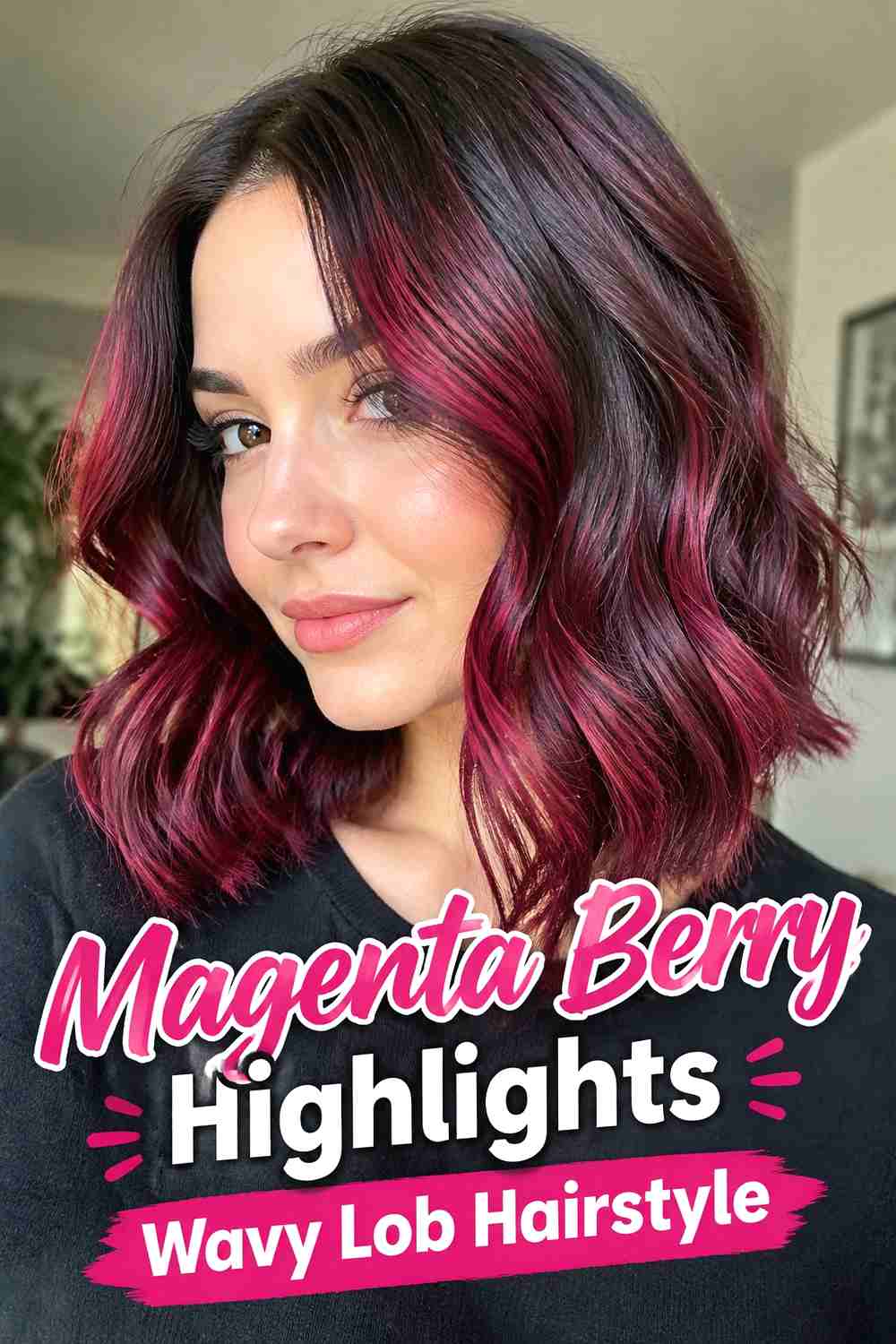 10. Magenta Berry Highlights Wavy Lob Hairstyle