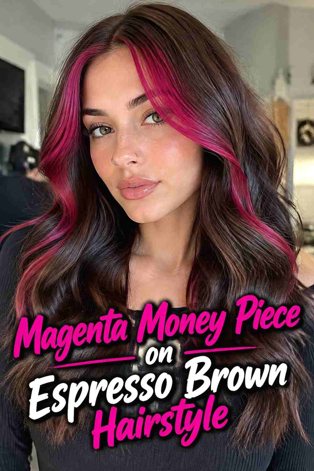5. Magenta Money Piece On Espresso Brown Hairstyle