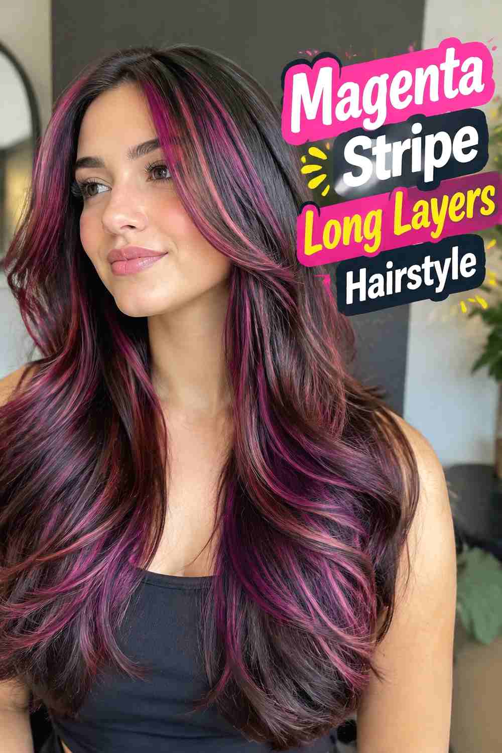 8. Magenta Stripe Long Layers Hairstyle