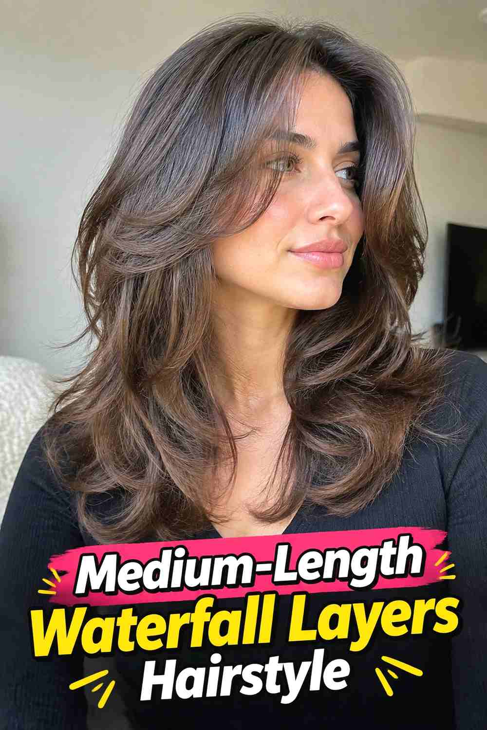 7. Medium Length Waterfall Layers Hairstyle