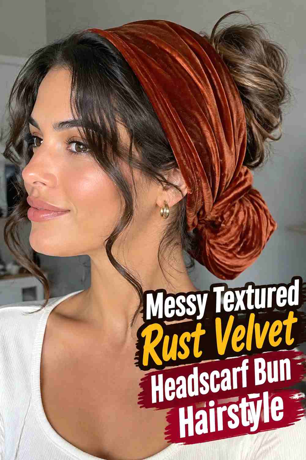 8. Messy Textured Rust Velvet Headscarf Bun Hairstyle