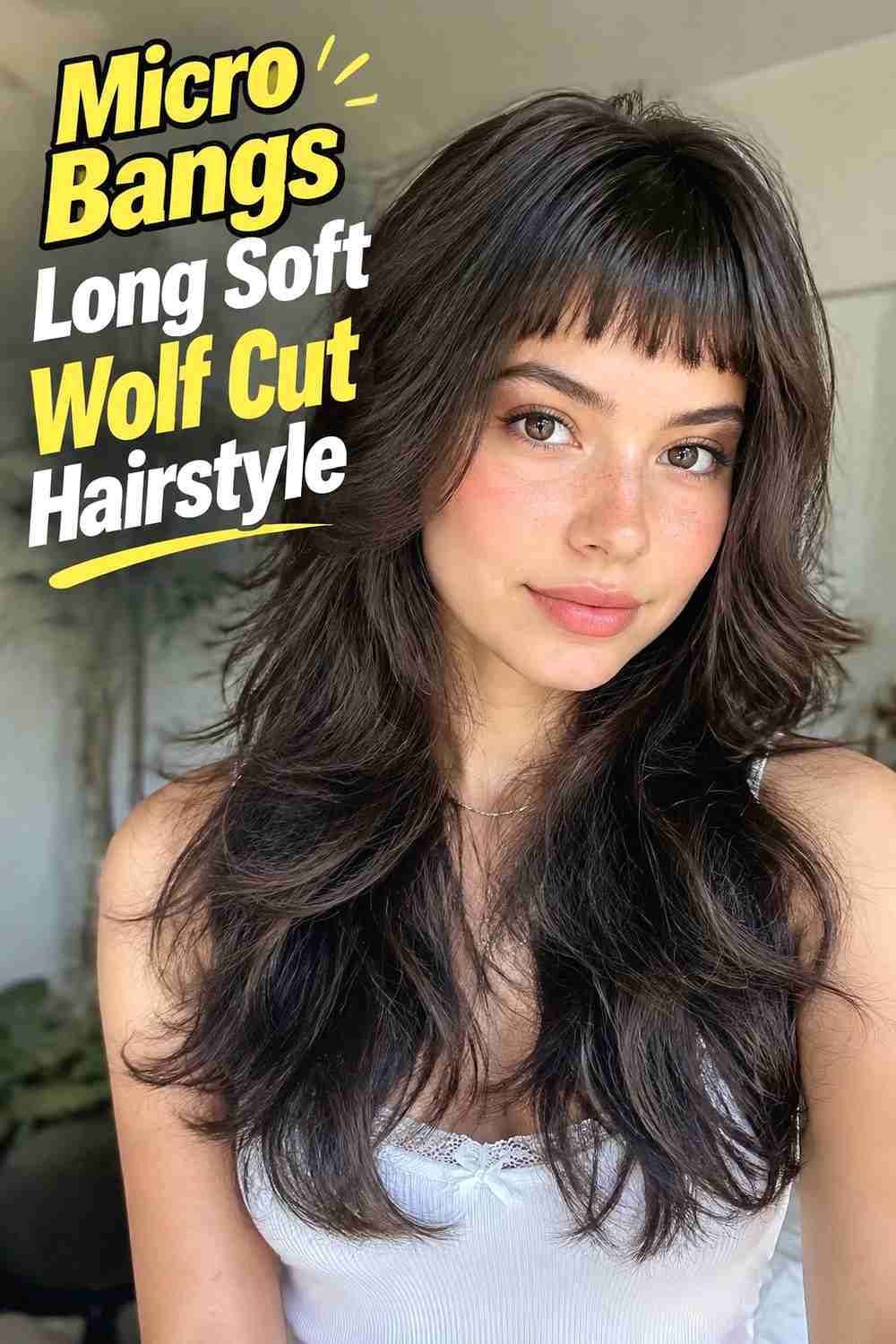 10. Micro Bangs Long Soft Wolf Cut Hairstyle