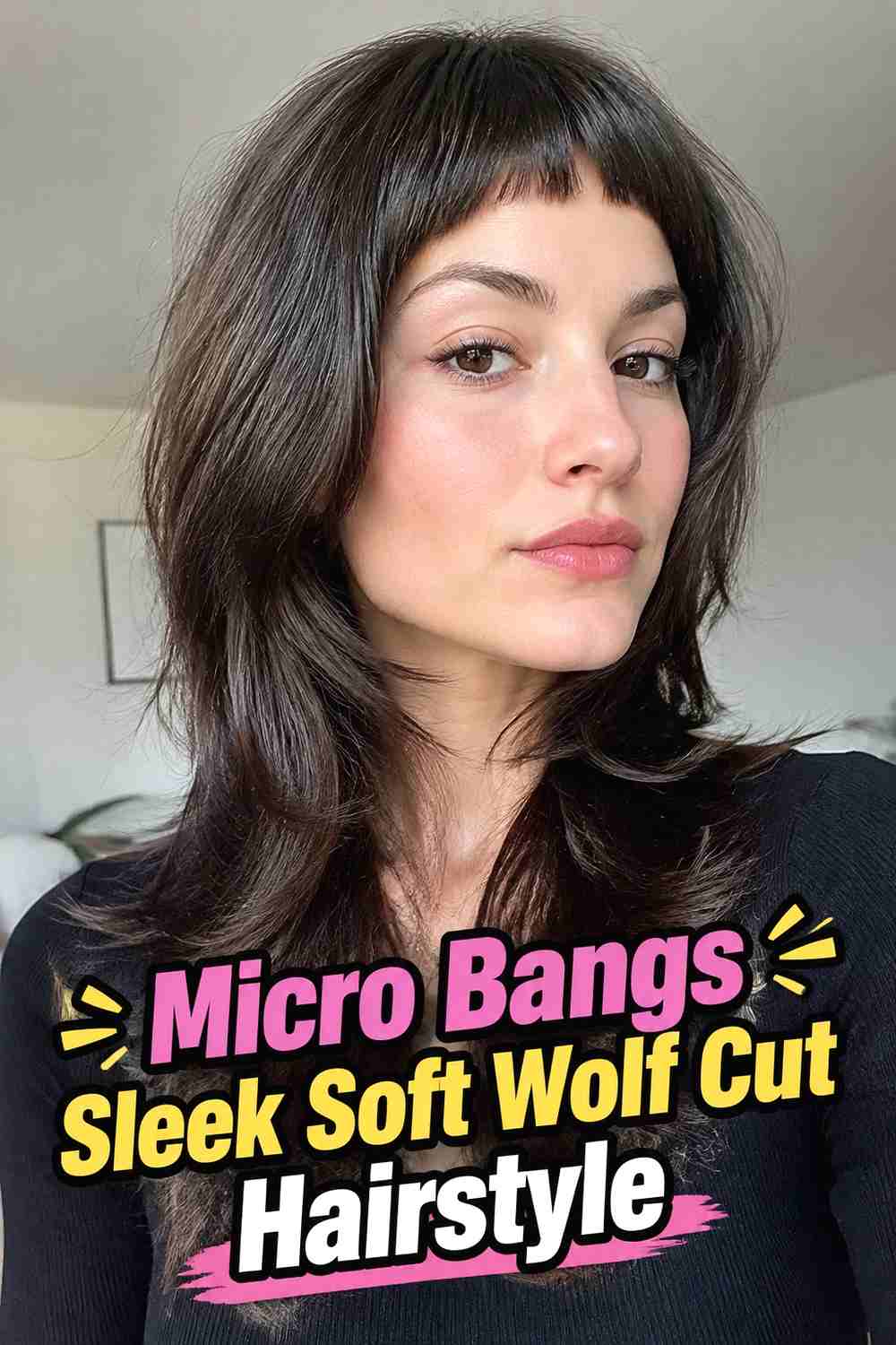 14. Micro Bangs Sleek Soft Wolf Cut Hairstyle