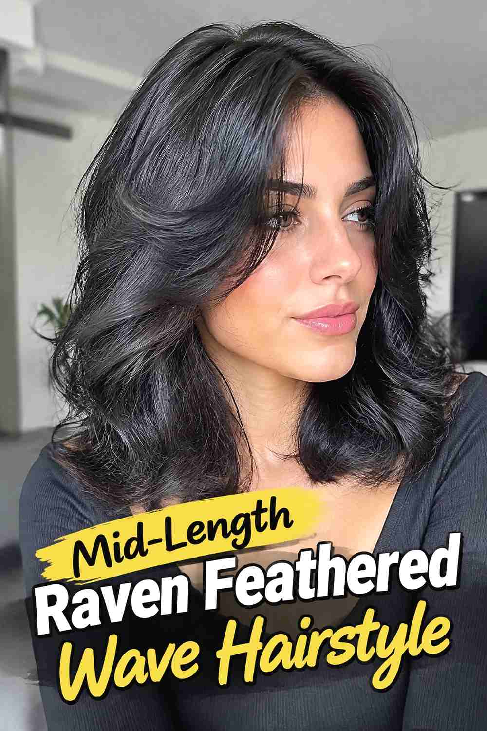 2. Mid Length Raven Feathered Wave Hairstyle